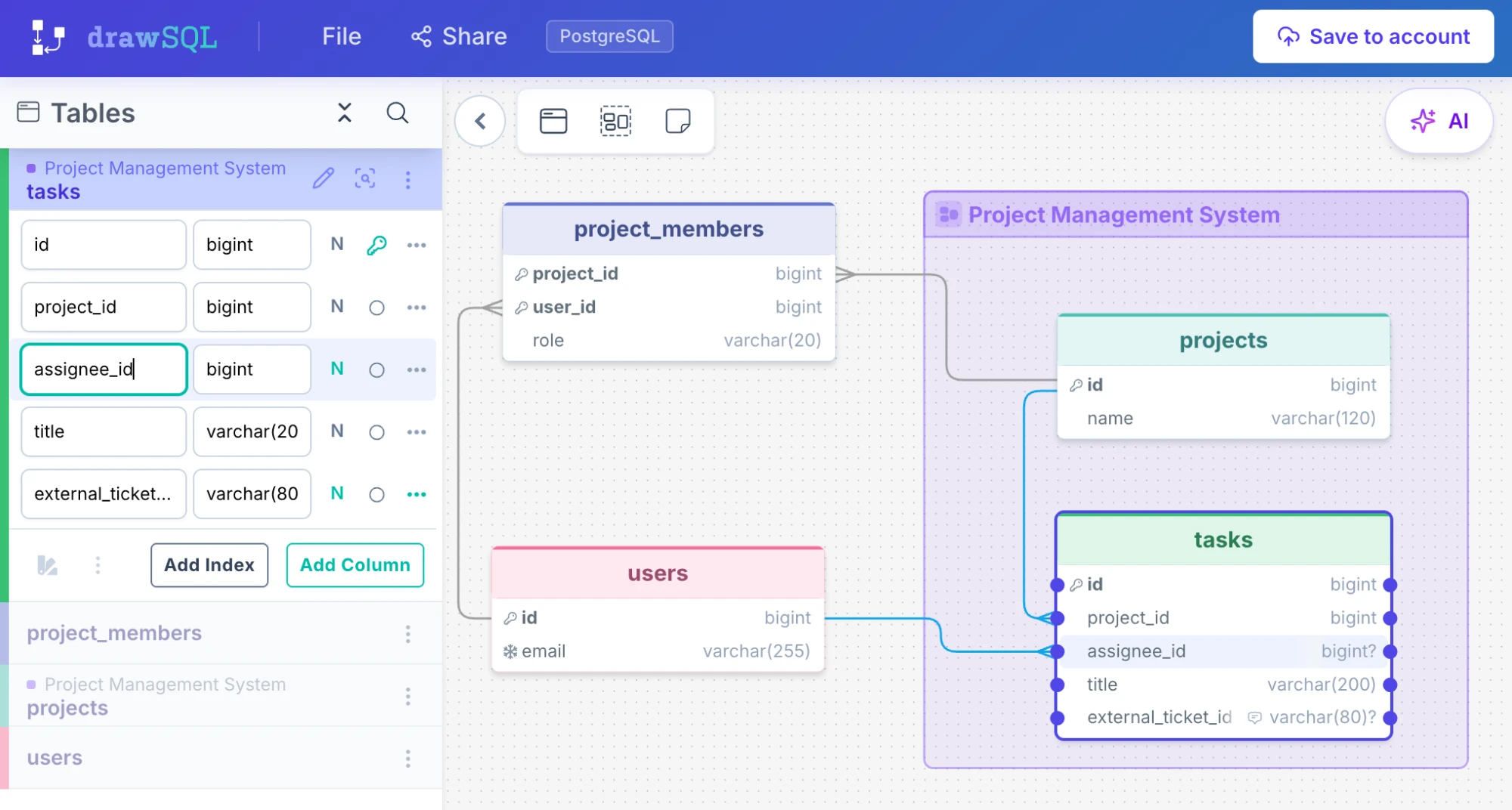 The project tracker schema open in the DrawSQL editor: users, projects, project_members and tasks on the canvas, grouped as Project Management System, with the tasks columns open in the side panel.
